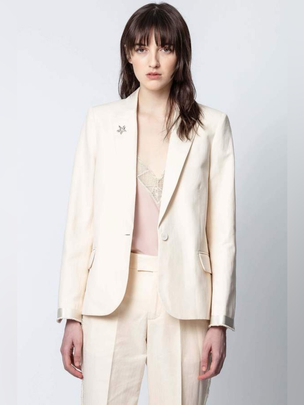 Zadig & Voltaire Victor Cream Single-Button Tailored Blazer 34 XSCotton Linen